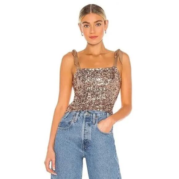 Free People Revolve "Hey Girlie" Sequin Top in Rose Shoulder Ties XS MSRP $78 - Picture 2 of 7